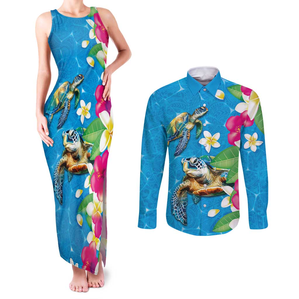 Hawaiian Tropical Flower and Honu Under Blue Water Couples Matching Tank Maxi Dress and Long Sleeve Button Shirt LT03 Blue - Polynesian Pride