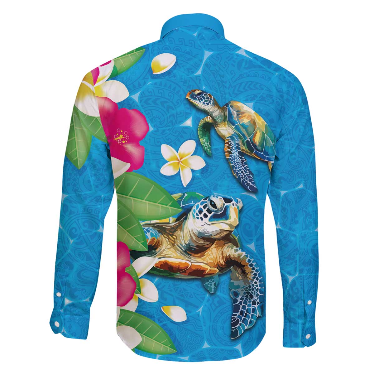 Hawaiian Tropical Flower and Honu Under Blue Water Family Matching Off The Shoulder Long Sleeve Dress and Hawaiian Shirt