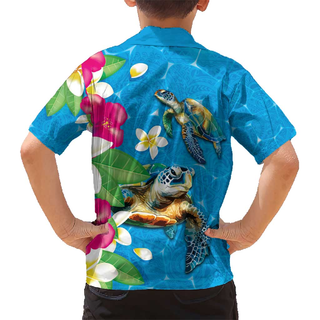 Hawaiian Tropical Flower and Honu Under Blue Water Family Matching Short Sleeve Bodycon Dress and Hawaiian Shirt