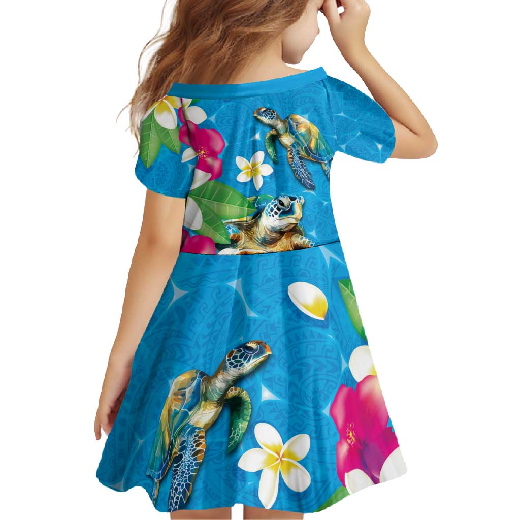 Hawaiian Tropical Flower and Honu Under Blue Water Family Matching Short Sleeve Bodycon Dress and Hawaiian Shirt
