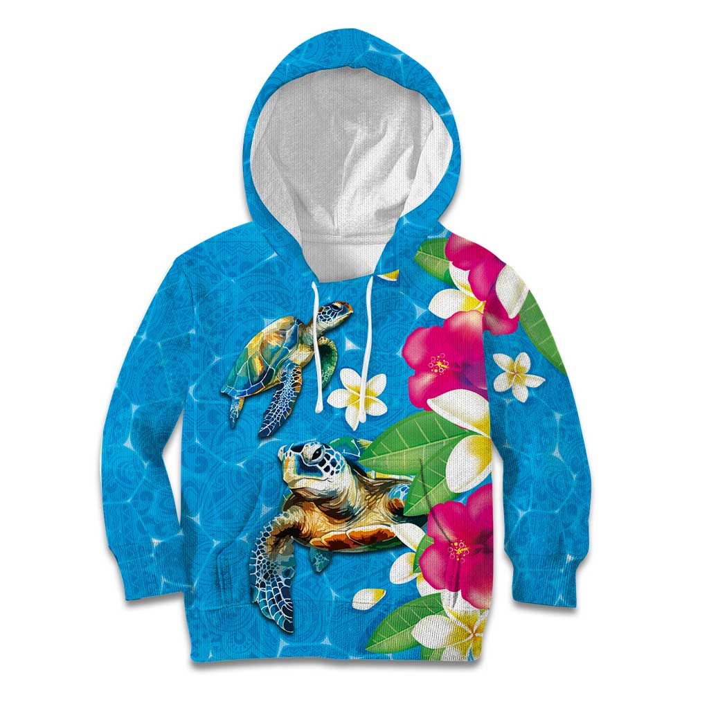 Hawaiian Tropical Flower and Honu Under Blue Water Kid Hoodie LT03 Hoodie Blue - Polynesian Pride