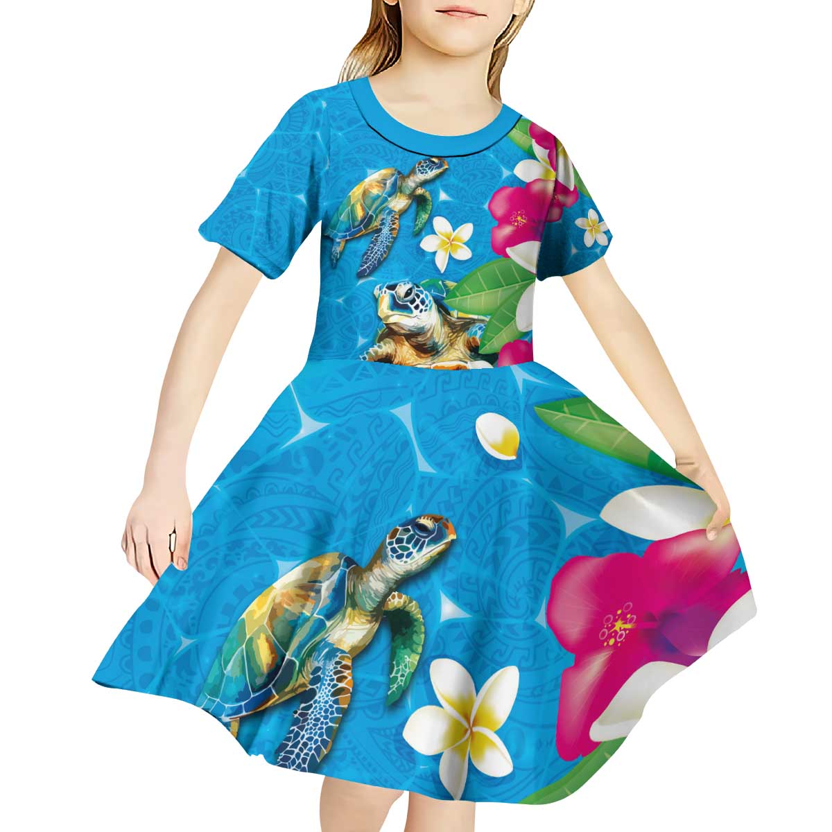 Hawaiian Tropical Flower and Honu Under Blue Water Kid Short Sleeve Dress