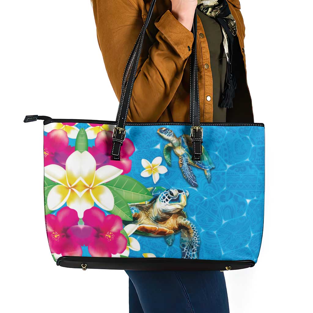 Hawaiian Tropical Flower and Honu Under Blue Water Leather Tote Bag