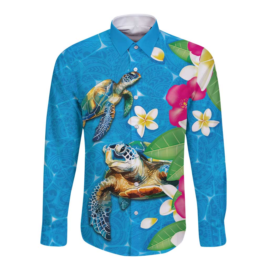 Hawaiian Tropical Flower and Honu Under Blue Water Long Sleeve Button Shirt LT03 Unisex Blue - Polynesian Pride