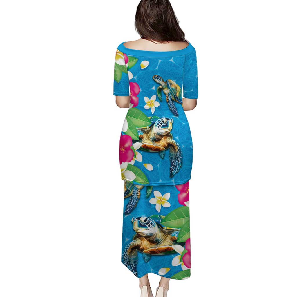 Hawaiian Tropical Flower and Honu Under Blue Water Puletasi