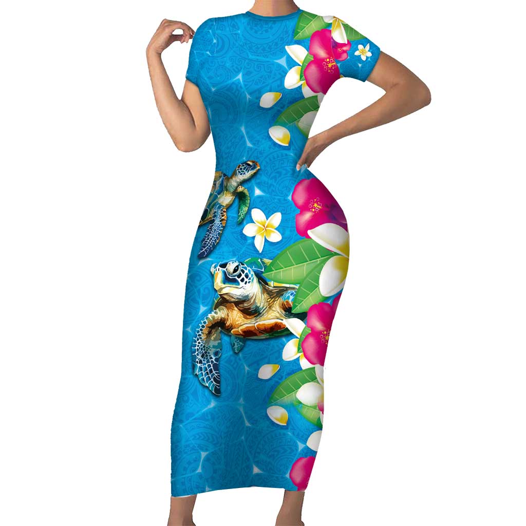 Hawaiian Tropical Flower and Honu Under Blue Water Short Sleeve Bodycon Dress LT03 Long Dress Blue - Polynesian Pride