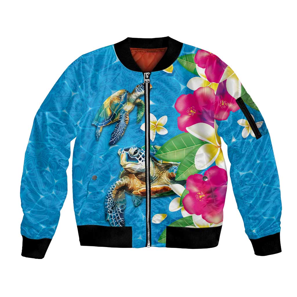 Hawaiian Tropical Flower and Honu Under Blue Water Sleeve Zip Bomber Jacket LT03 Unisex Blue - Polynesian Pride