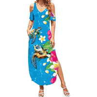 Hawaiian Tropical Flower and Honu Under Blue Water Summer Maxi Dress LT03 Women Blue - Polynesian Pride