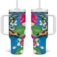 Hawaiian Tropical Flower and Honu Under Blue Water Tumbler With Handle