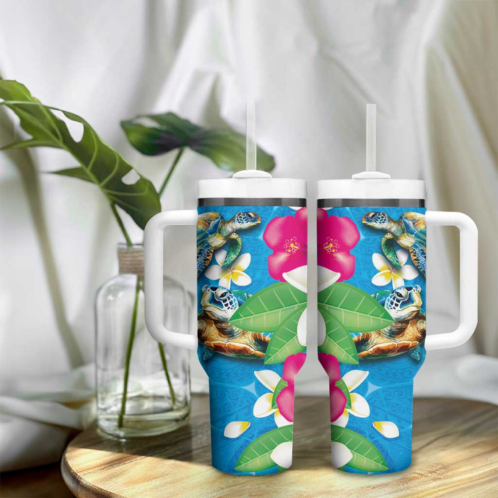 Hawaiian Tropical Flower and Honu Under Blue Water Tumbler With Handle