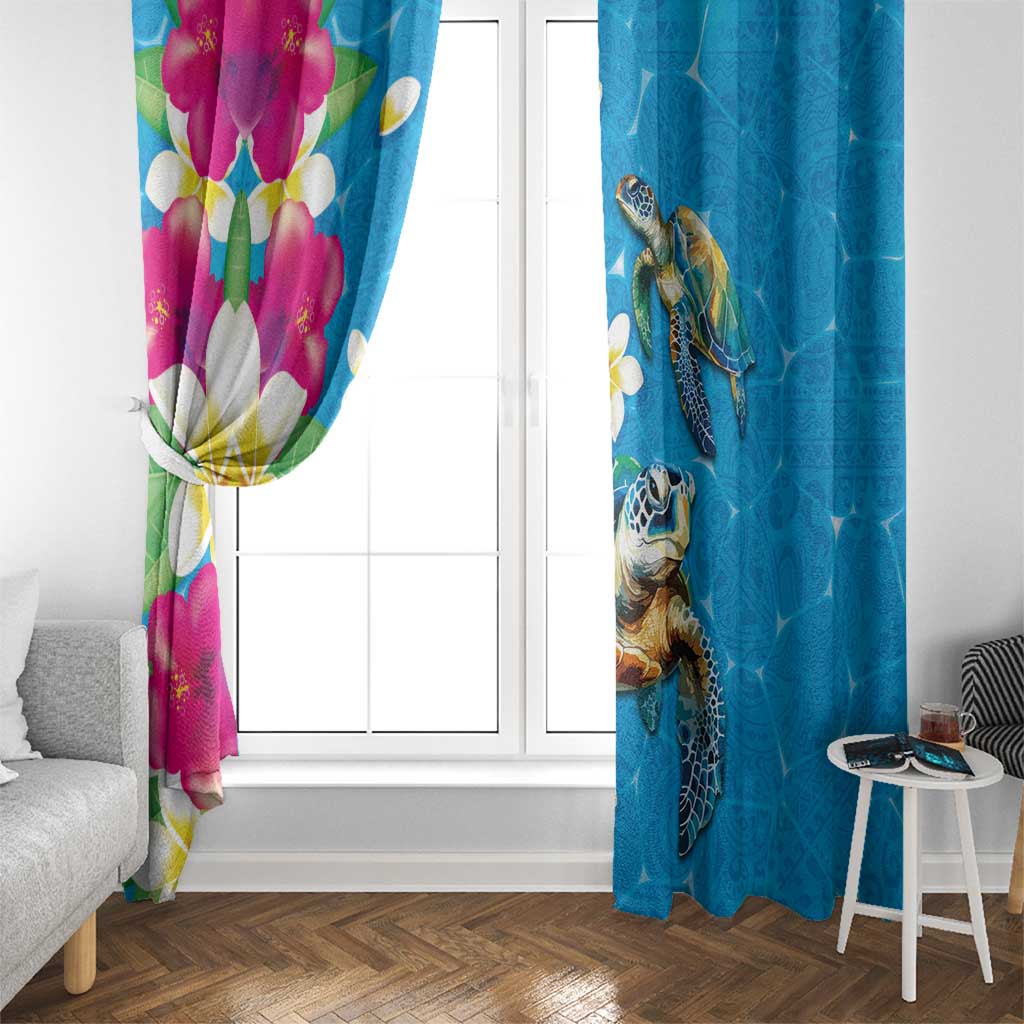 Hawaiian Tropical Flower and Honu Under Blue Water Window Curtain