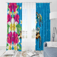 Hawaiian Tropical Flower and Honu Under Blue Water Window Curtain