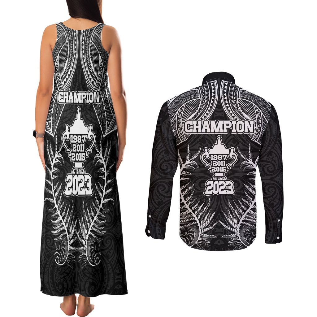 New Zealand Rugby Couples Matching Tank Maxi Dress and Long Sleeve Button Shirt Aotearoa Champion Cup History with Silver Fern LT03 - Polynesian Pride