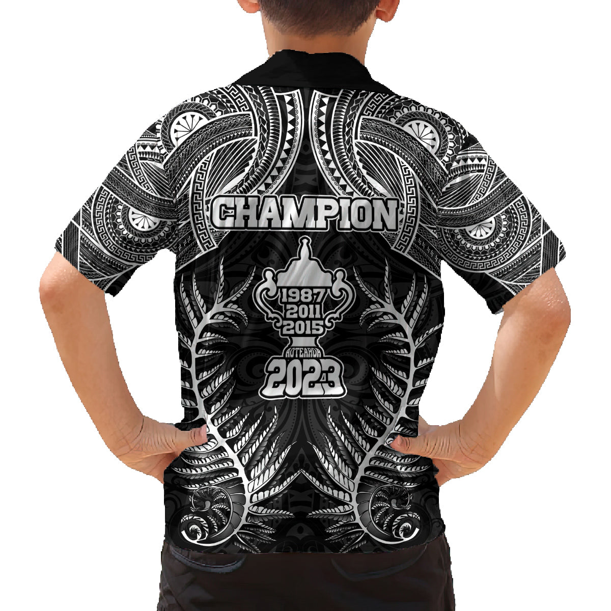 New Zealand Rugby Family Matching Off Shoulder Short Dress and Hawaiian Shirt Aotearoa Champion Cup History with Silver Fern LT03 - Polynesian Pride
