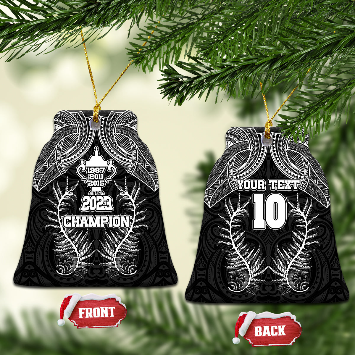 Custom New Zealand Rugby Ceramic Ornament Aotearoa Champion Cup History with Silver Fern LT03 Bell Flake Black - Polynesian Pride