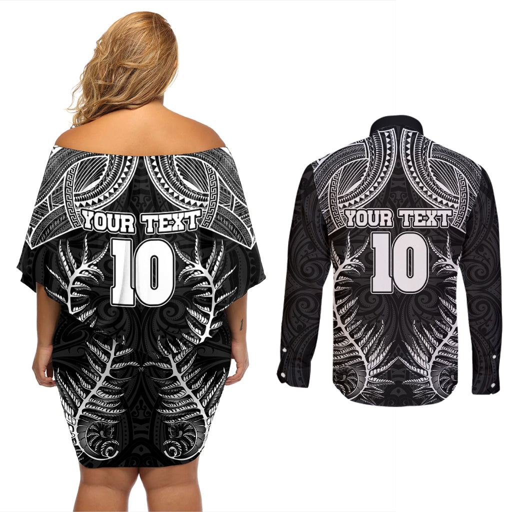 Custom New Zealand Rugby Couples Matching Off Shoulder Short Dress and Long Sleeve Button Shirt Aotearoa Champion Cup History with Silver Fern LT03 - Polynesian Pride