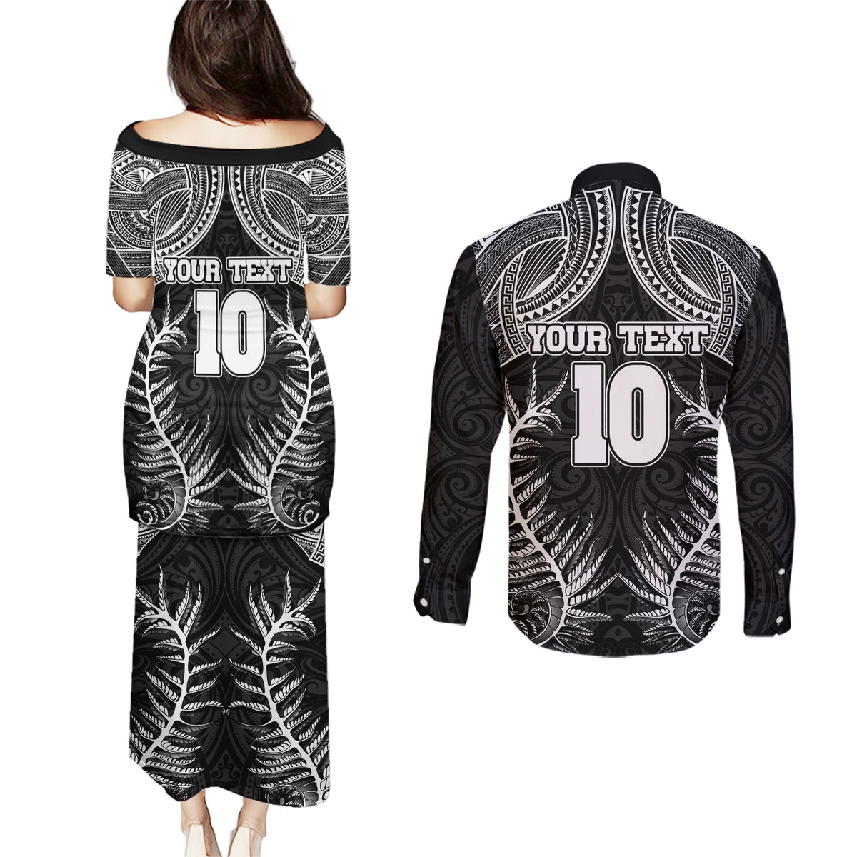 Custom New Zealand Rugby Couples Matching Puletasi Dress and Long Sleeve Button Shirt Aotearoa Champion Cup History with Silver Fern LT03 - Polynesian Pride