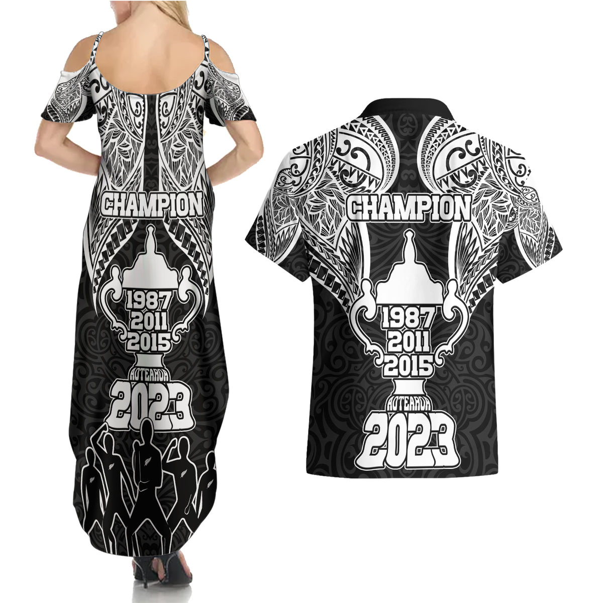 New Zealand Rugby Couples Matching Summer Maxi Dress and Hawaiian Shirt Aotearoa Champion Cup History with Haka Dance LT03 - Polynesian Pride