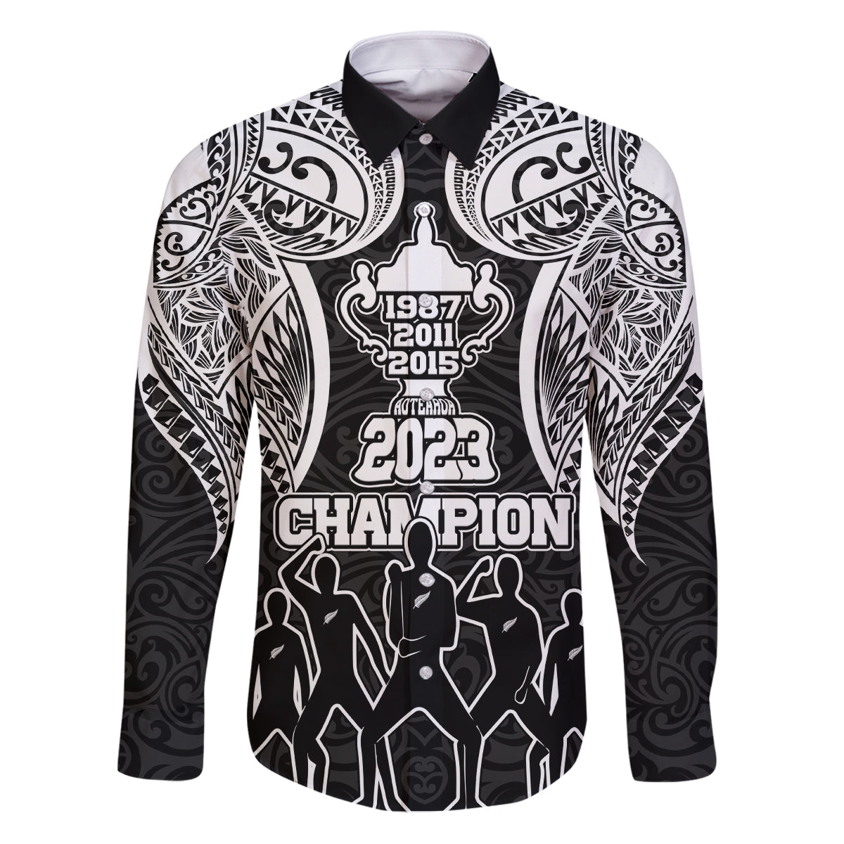 New Zealand Rugby Family Matching Puletasi Dress and Hawaiian Shirt Aotearoa Champion Cup History with Haka Dance LT03 Dad's Shirt - Long Sleeve Black - Polynesian Pride