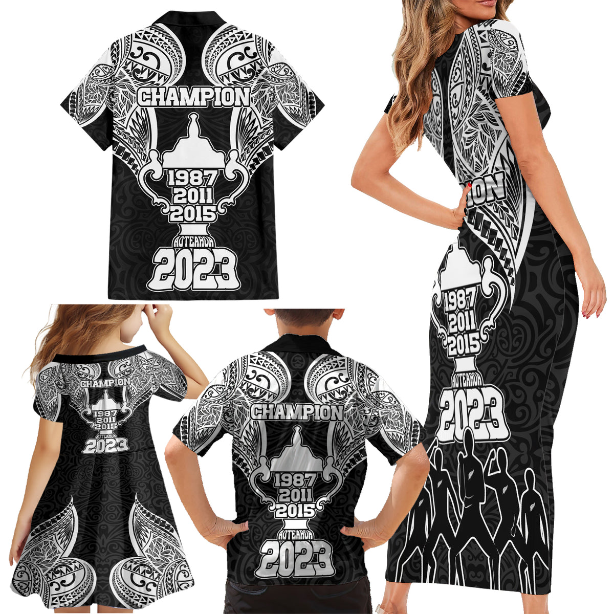 New Zealand Rugby Family Matching Short Sleeve Bodycon Dress and Hawaiian Shirt Aotearoa Champion Cup History with Haka Dance LT03 - Polynesian Pride