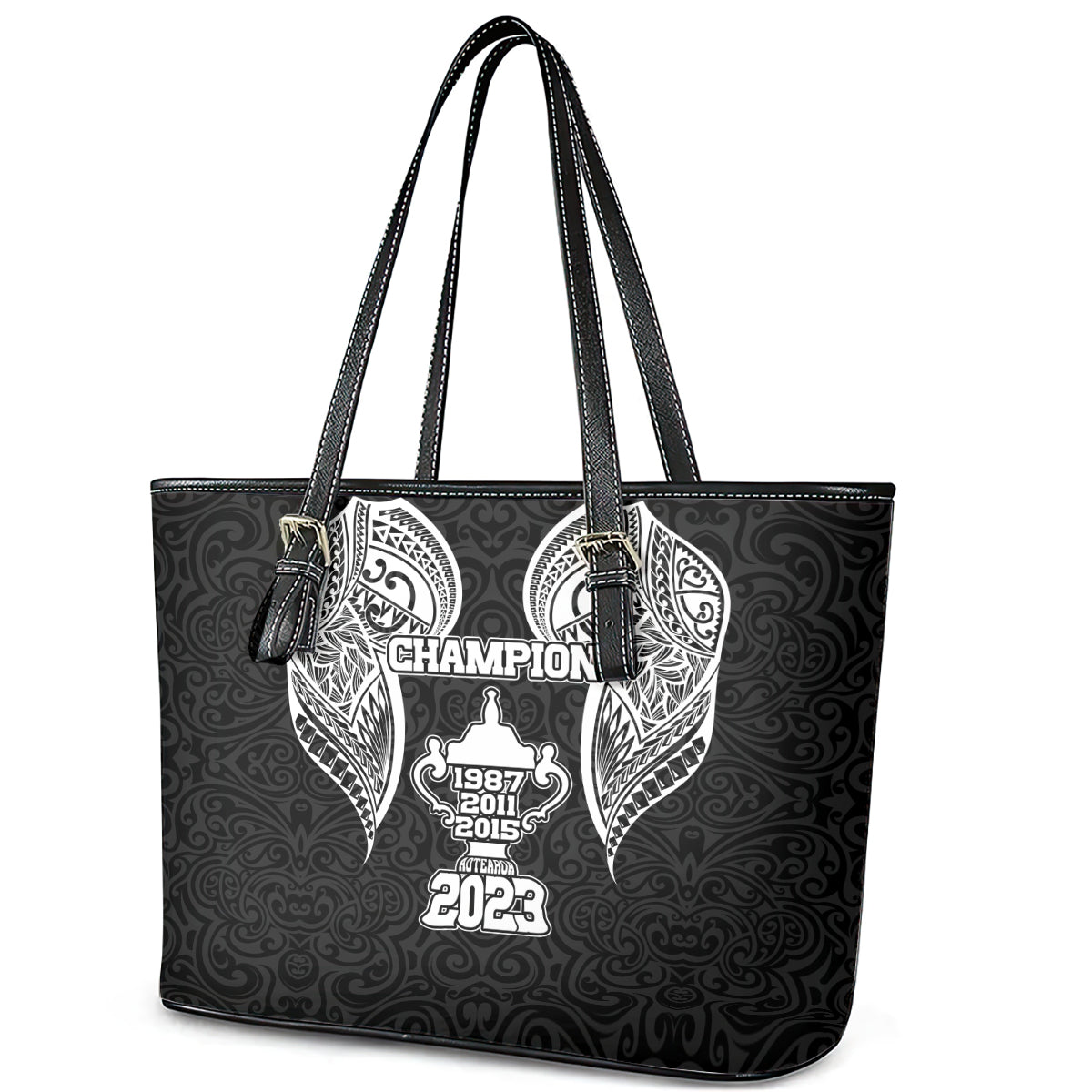 New Zealand Rugby Leather Tote Bag Aotearoa Champion Cup History with Haka Dance LT03 - Polynesian Pride