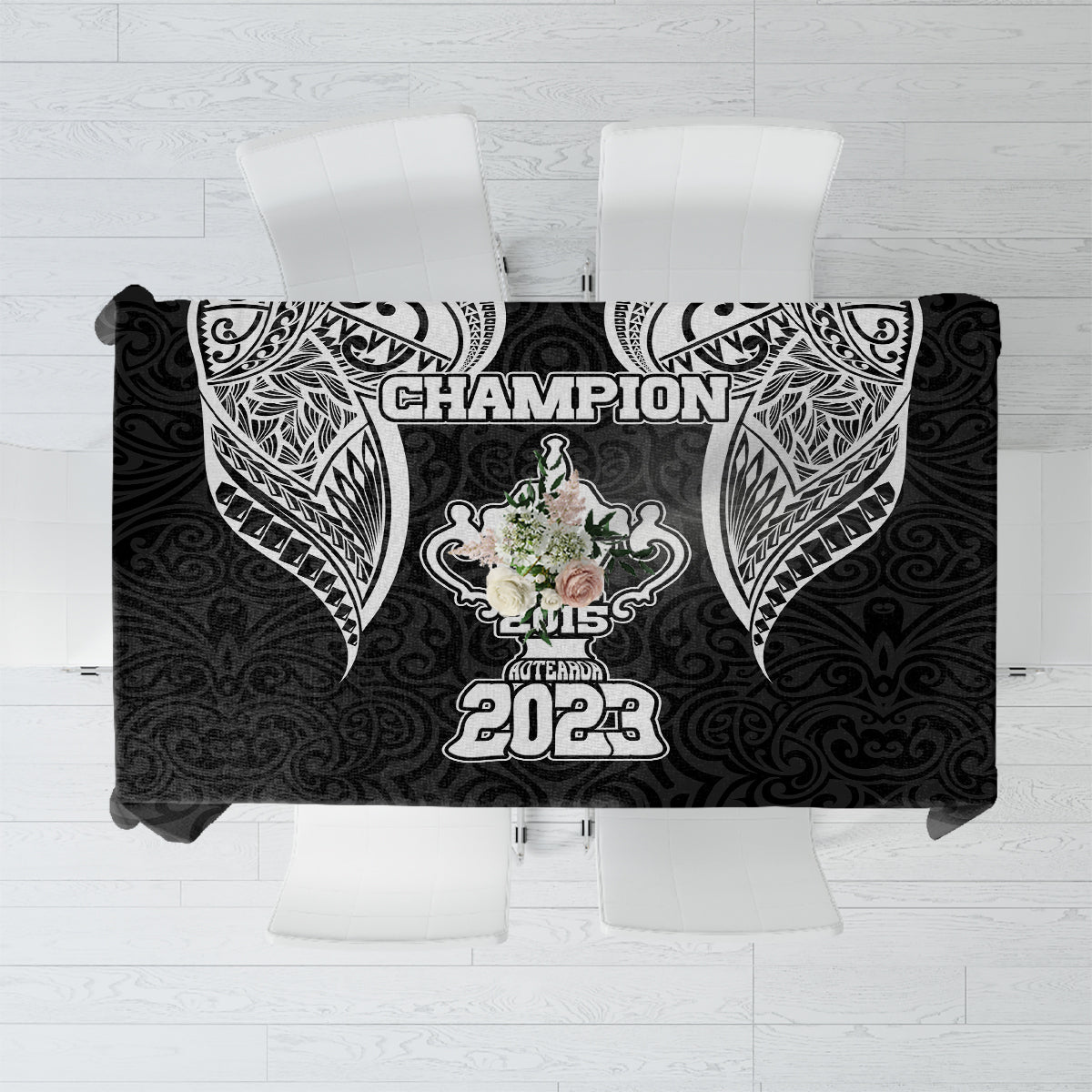 New Zealand Rugby Tablecloth Aotearoa Champion Cup History with Haka Dance LT03 Black - Polynesian Pride