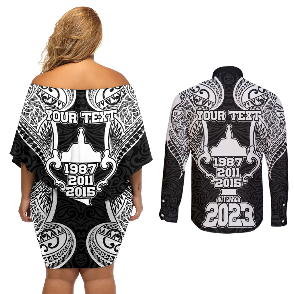 Personalised New Zealand Rugby Couples Matching Off Shoulder Short Dress and Long Sleeve Button Shirt Aotearoa Champion Cup History with Haka Dance LT03 - Polynesian Pride
