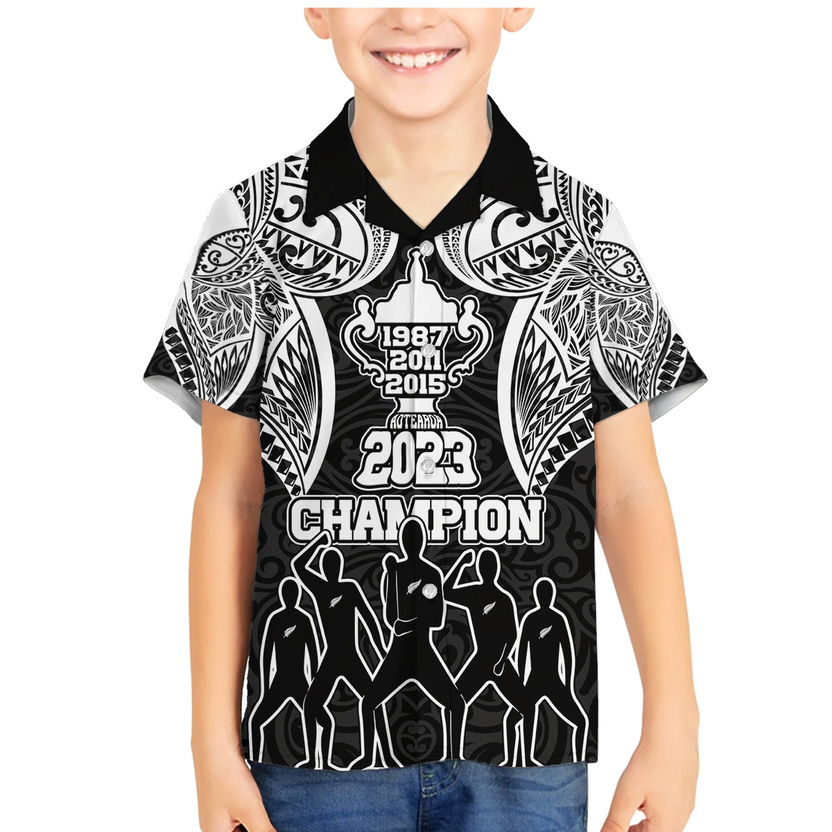Personalised New Zealand Rugby Family Matching Mermaid Dress and Hawaiian Shirt Aotearoa Champion Cup History with Haka Dance LT03 Son's Shirt Black - Polynesian Pride