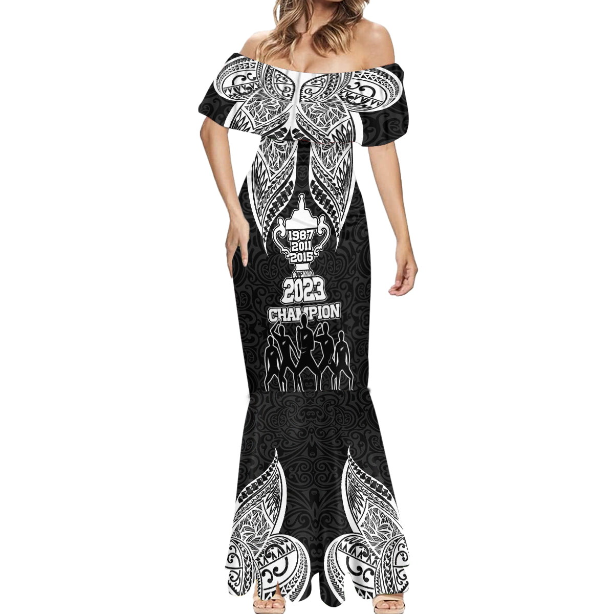 Personalised New Zealand Rugby Mermaid Dress Aotearoa Champion Cup History with Haka Dance LT03 - Polynesian Pride