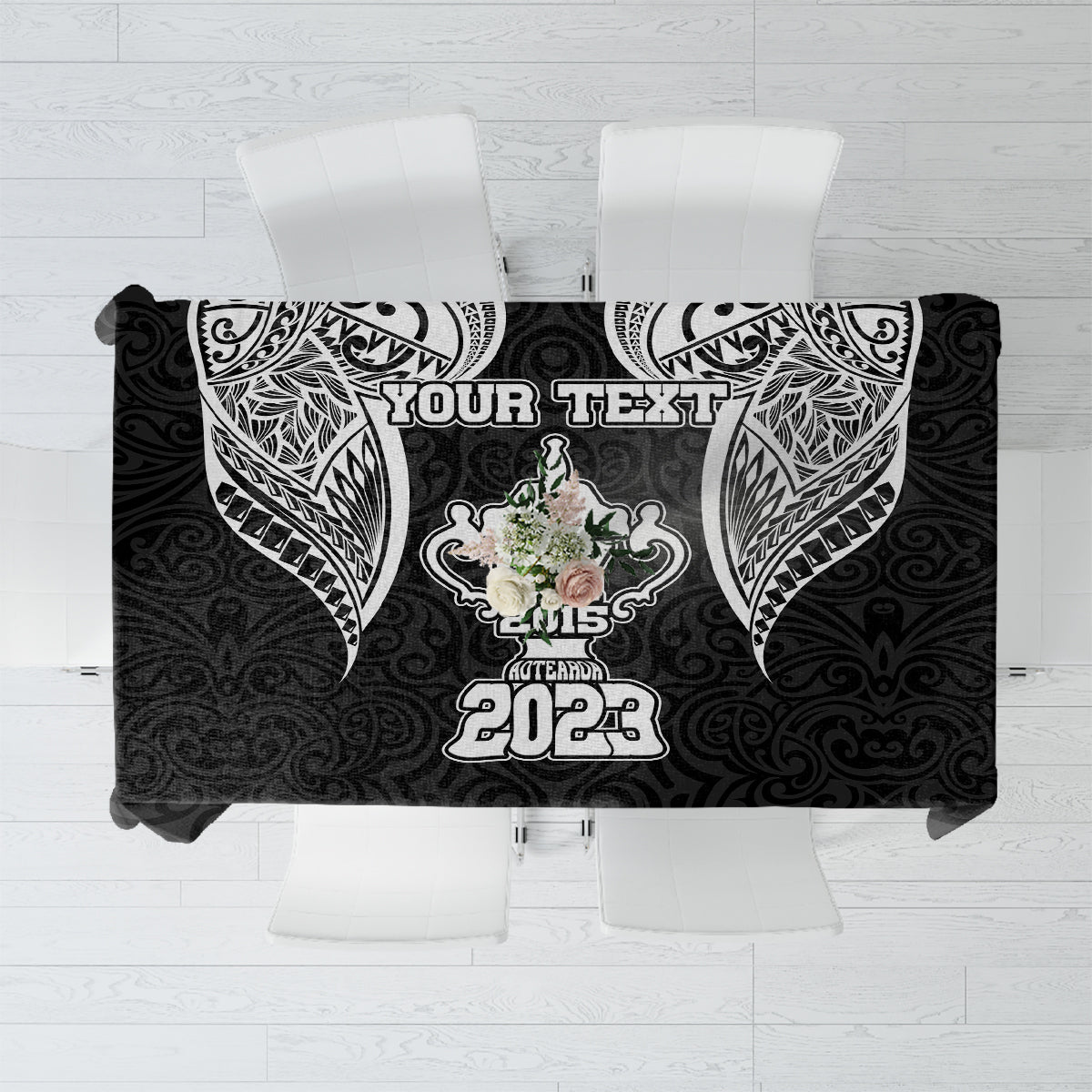 Personalised New Zealand Rugby Tablecloth Aotearoa Champion Cup History with Haka Dance LT03 Black - Polynesian Pride