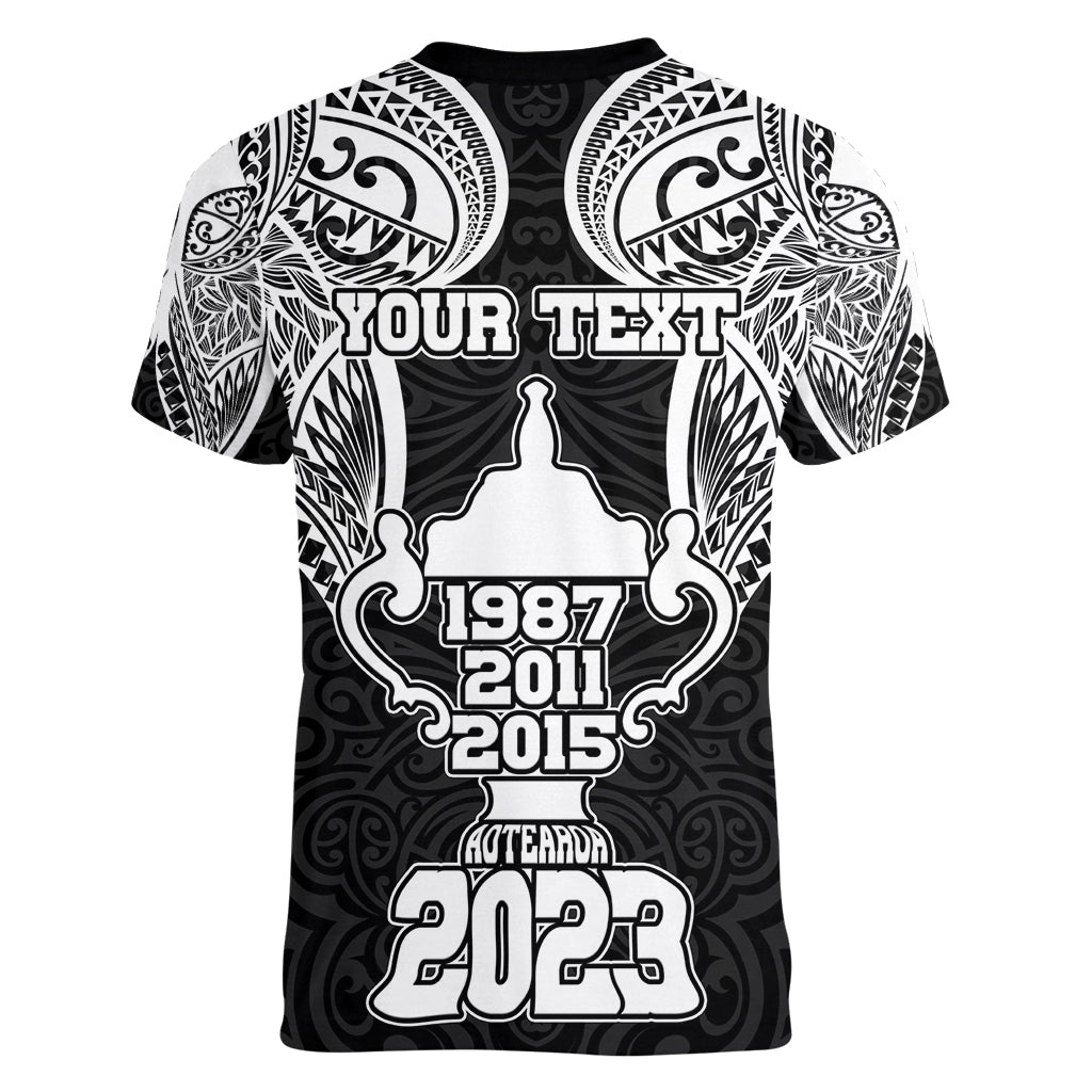 Personalised New Zealand Rugby Women V Neck T Shirt Aotearoa Champion Cup History with Haka Dance LT03 - Polynesian Pride