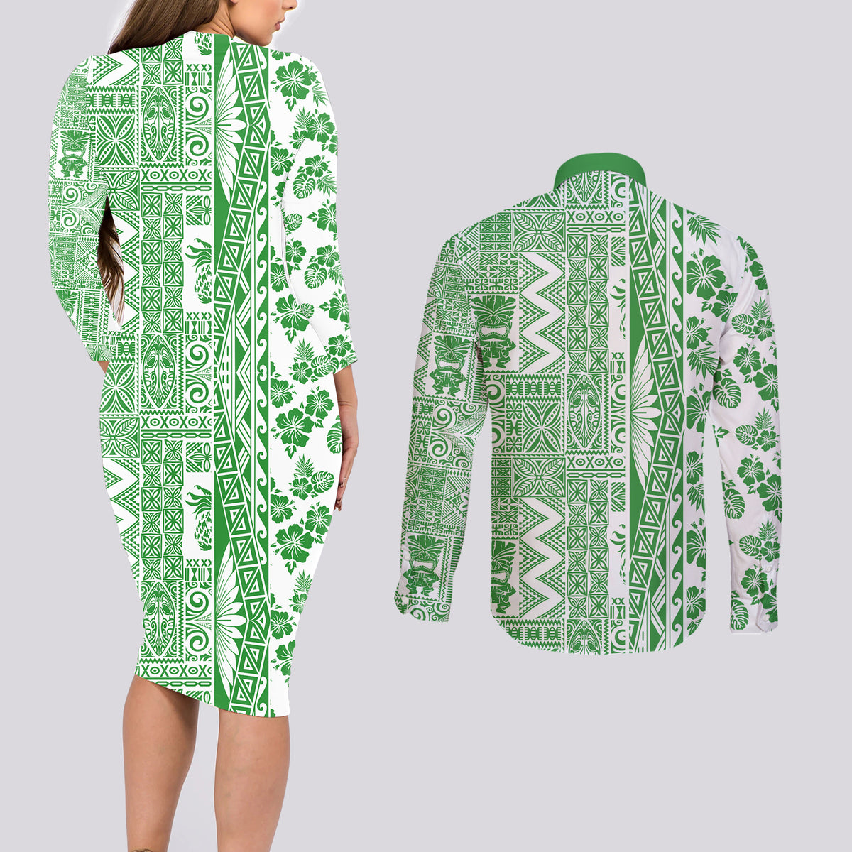 Hawaii Couples Matching Long Sleeve Bodycon Dress and Long Sleeve Button Shirt Aloha Tropical Plants Tribal Pattern Green Version LT03 - Polynesian Pride