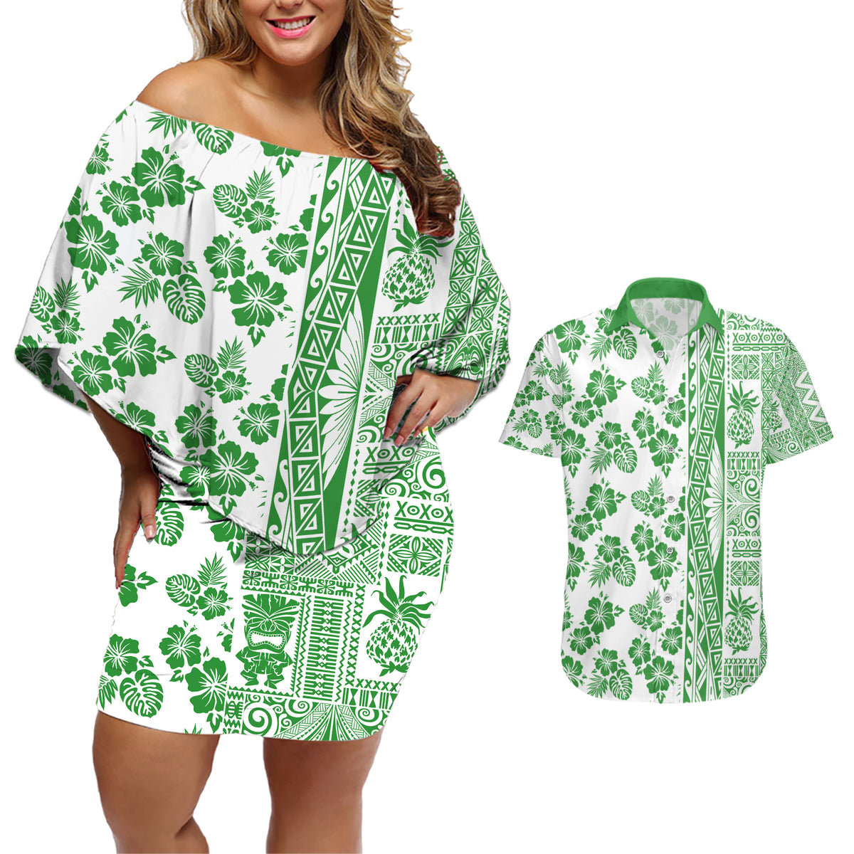 Hawaii Couples Matching Off Shoulder Short Dress and Hawaiian Shirt Aloha Tropical Plants Tribal Pattern Green Version LT03 Green - Polynesian Pride
