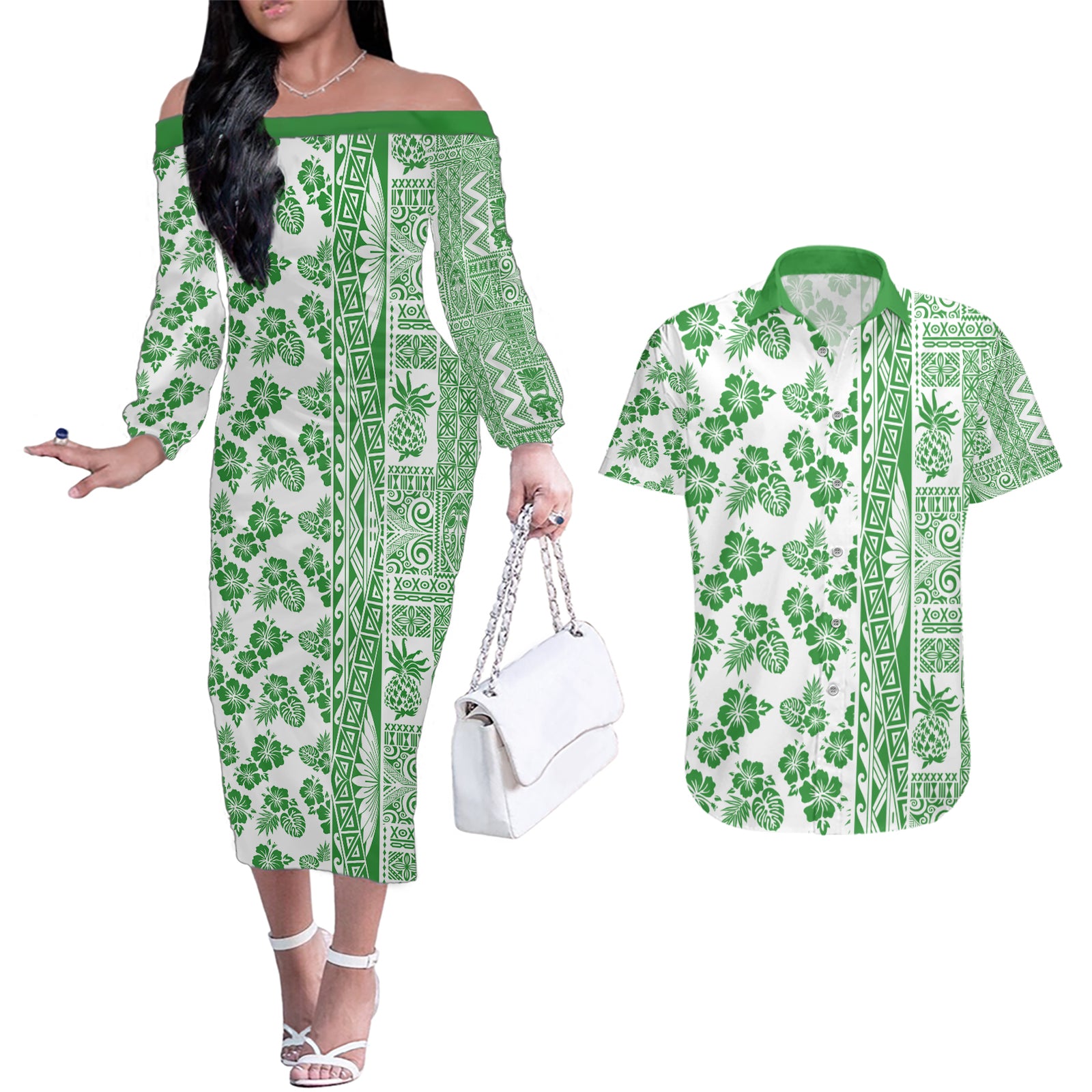 Hawaii Couples Matching Off The Shoulder Long Sleeve Dress and Hawaiian Shirt Aloha Tropical Plants Tribal Pattern Green Version LT03 Green - Polynesian Pride