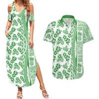 Hawaii Couples Matching Summer Maxi Dress and Hawaiian Shirt Aloha Tropical Plants Tribal Pattern Green Version LT03 Green - Polynesian Pride