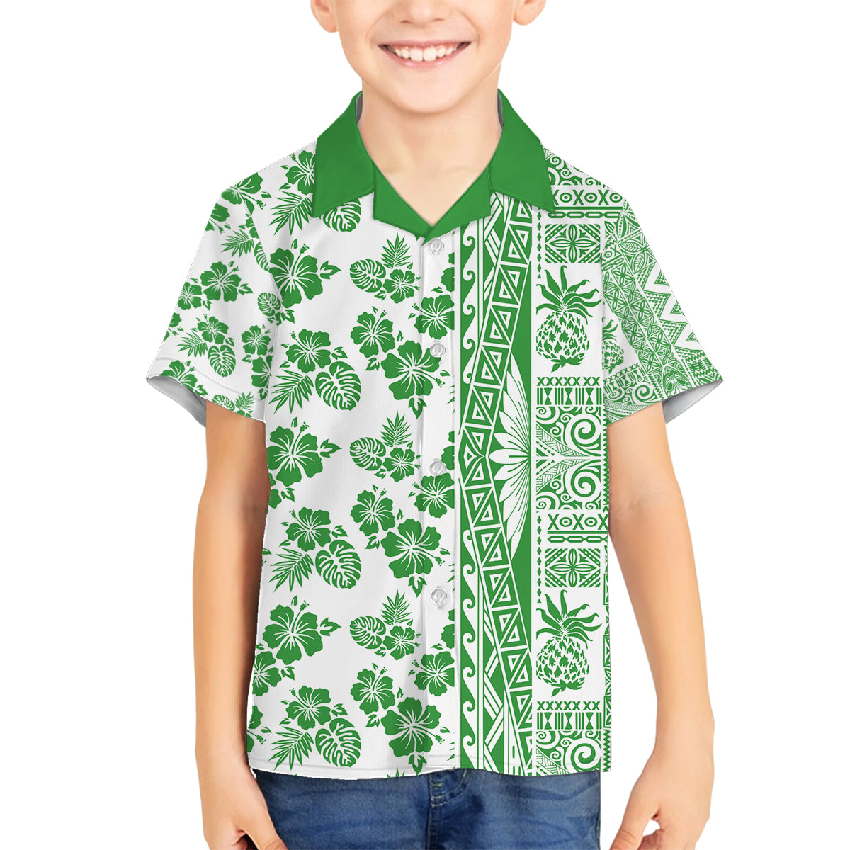 Hawaii Family Matching Long Sleeve Bodycon Dress and Hawaiian Shirt Aloha Tropical Plants Tribal Pattern Green Version LT03 Son's Shirt Green - Polynesian Pride