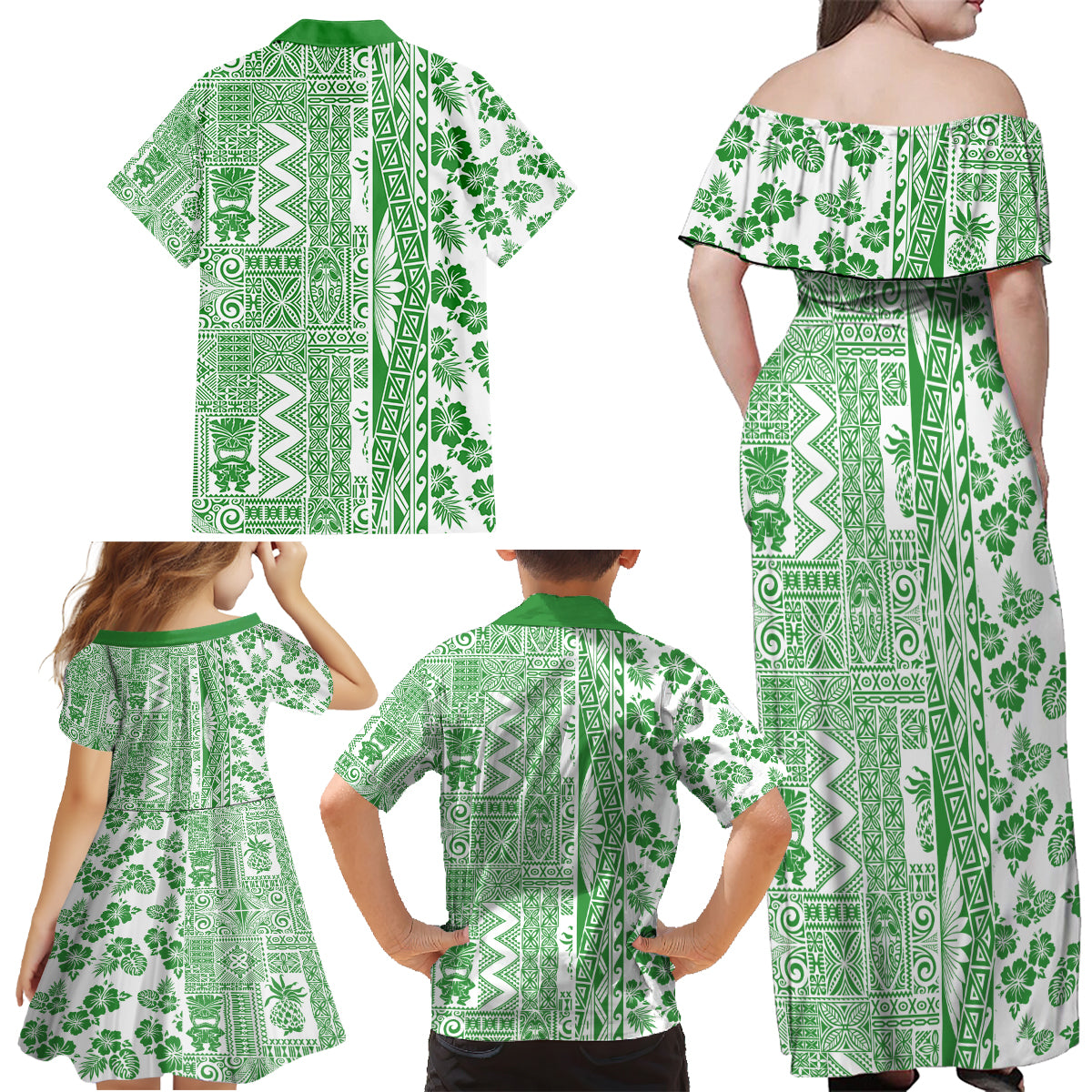 Hawaii Family Matching Off Shoulder Maxi Dress and Hawaiian Shirt Aloha Tropical Plants Tribal Pattern Green Version LT03 - Polynesian Pride