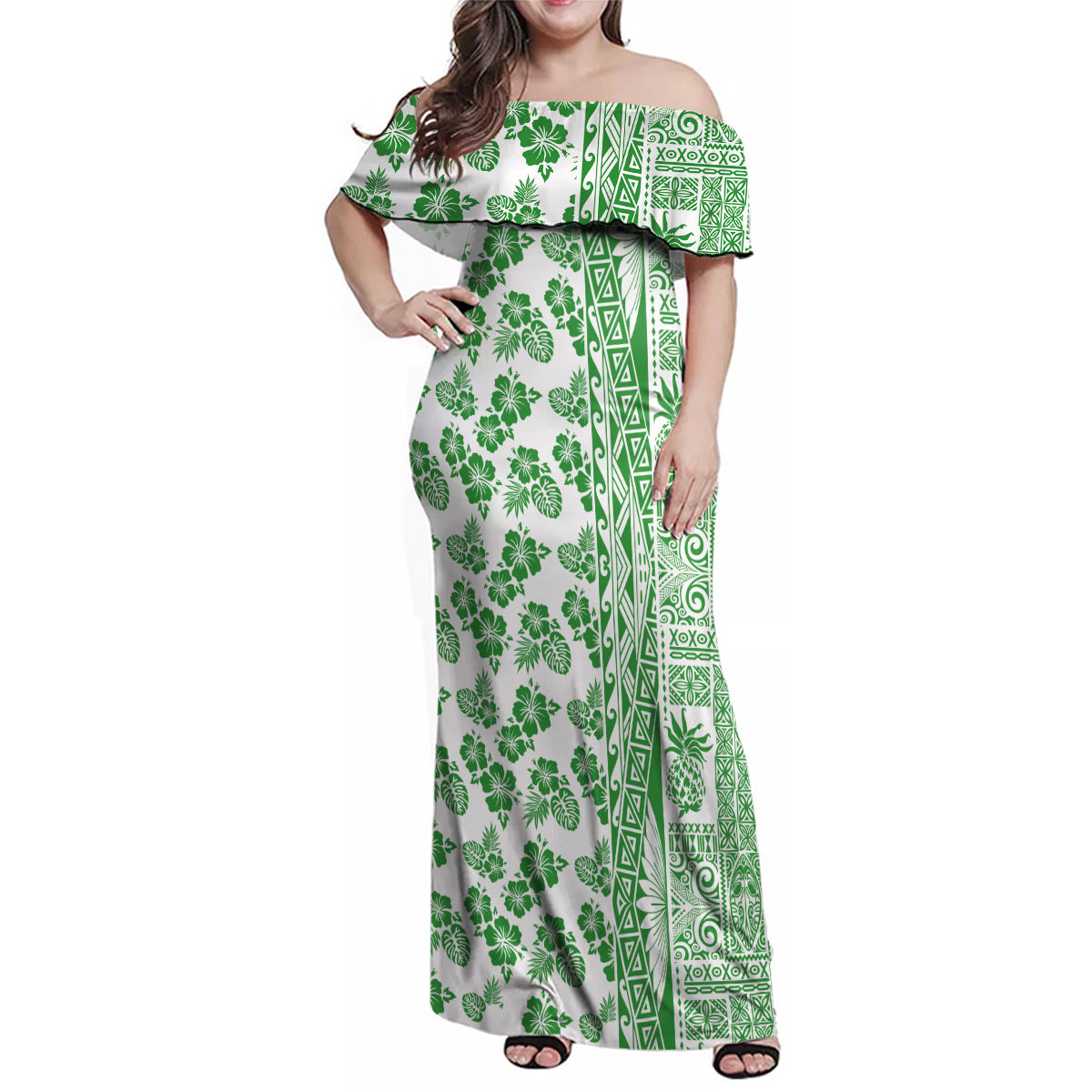 Hawaii Family Matching Off Shoulder Maxi Dress and Hawaiian Shirt Aloha Tropical Plants Tribal Pattern Green Version LT03 Mom's Dress Green - Polynesian Pride