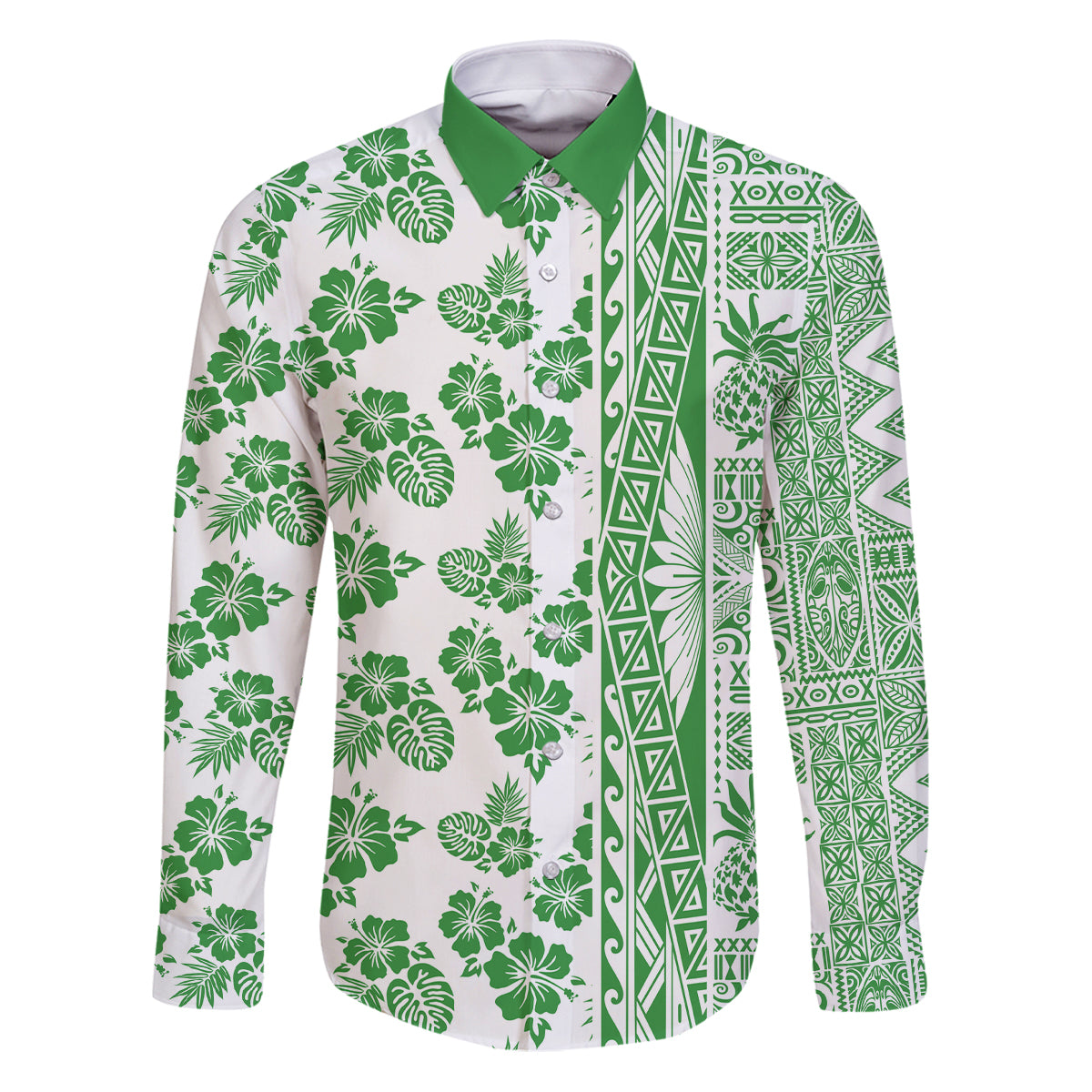 Hawaii Family Matching Puletasi Dress and Hawaiian Shirt Aloha Tropical Plants Tribal Pattern Green Version LT03 Dad's Shirt - Long Sleeve Green - Polynesian Pride