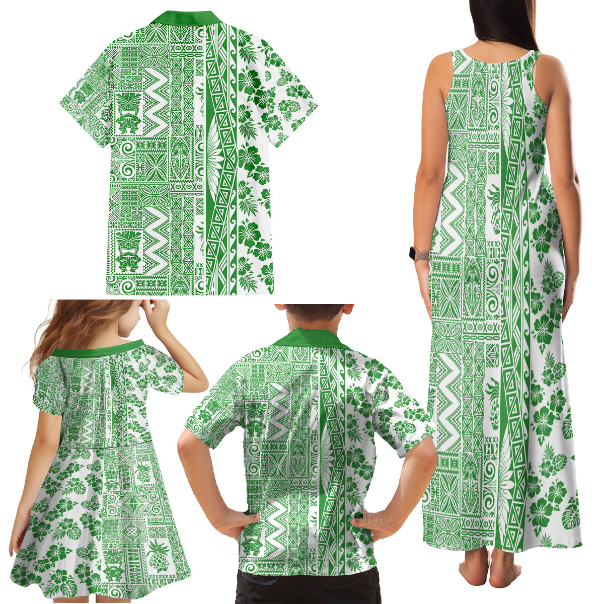 Hawaii Family Matching Tank Maxi Dress and Hawaiian Shirt Aloha Tropical Plants Tribal Pattern Green Version LT03 - Polynesian Pride