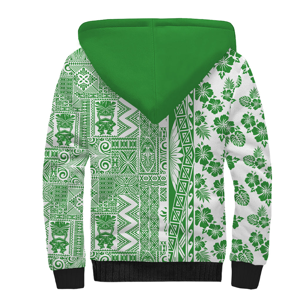 Hawaii Sherpa Hoodie Aloha Tropical Plants Tribal Pattern Green Version LT03 - Polynesian Pride
