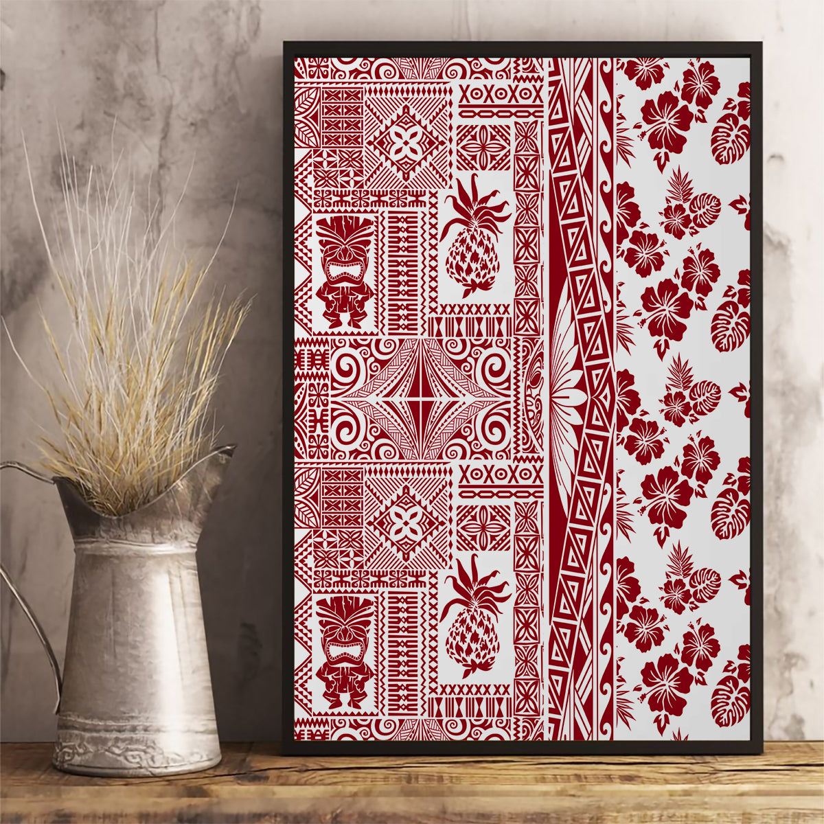 Hawaii Canvas Wall Art Aloha Tropical Plants Tribal Pattern Red Version LT03 - Polynesian Pride