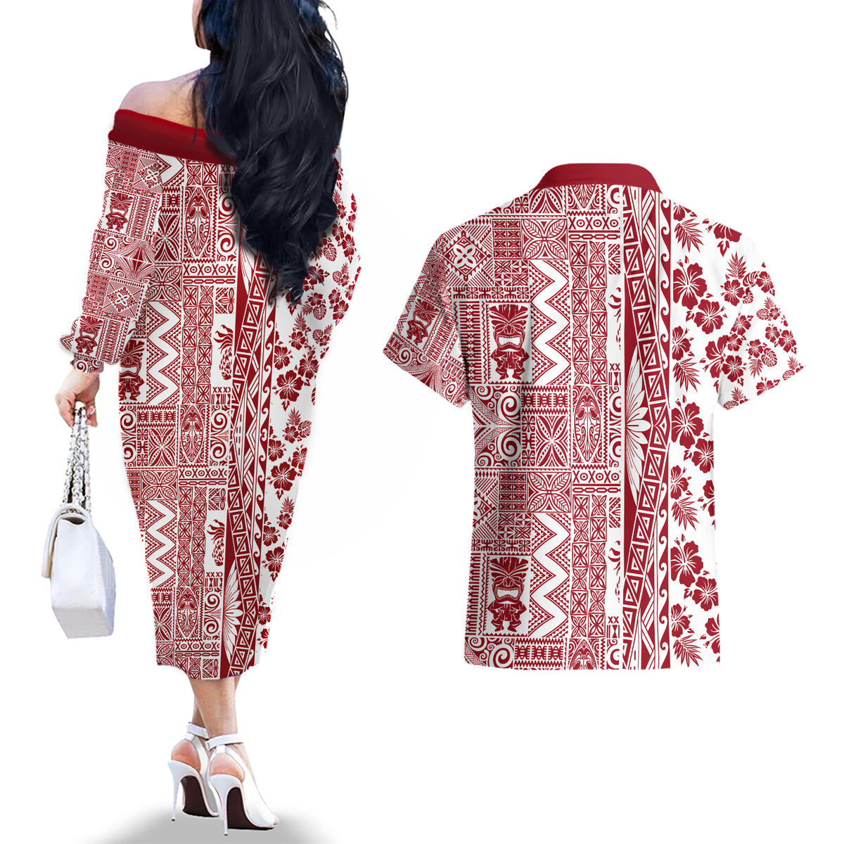 Hawaii Couples Matching Off The Shoulder Long Sleeve Dress and Hawaiian Shirt Aloha Tropical Plants Tribal Pattern Red Version LT03 - Polynesian Pride