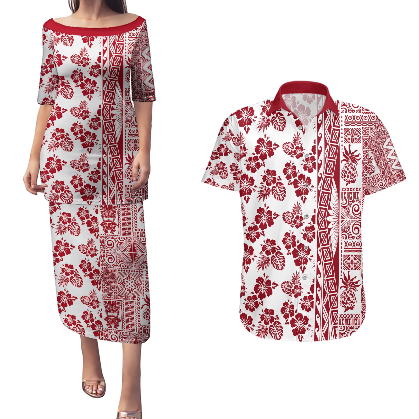 Hawaii Couples Matching Puletasi Dress and Hawaiian Shirt Aloha Tropical Plants Tribal Pattern Red Version LT03 Red - Polynesian Pride