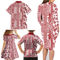Hawaii Family Matching Long Sleeve Bodycon Dress and Hawaiian Shirt Aloha Tropical Plants Tribal Pattern Red Version LT03 - Polynesian Pride