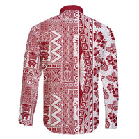 Hawaii Family Matching Off Shoulder Long Sleeve Dress and Hawaiian Shirt Aloha Tropical Plants Tribal Pattern Red Version LT03 - Polynesian Pride