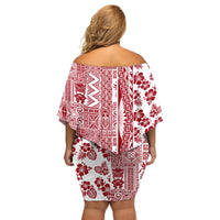 Hawaii Family Matching Off Shoulder Short Dress and Hawaiian Shirt Aloha Tropical Plants Tribal Pattern Red Version LT03 - Polynesian Pride