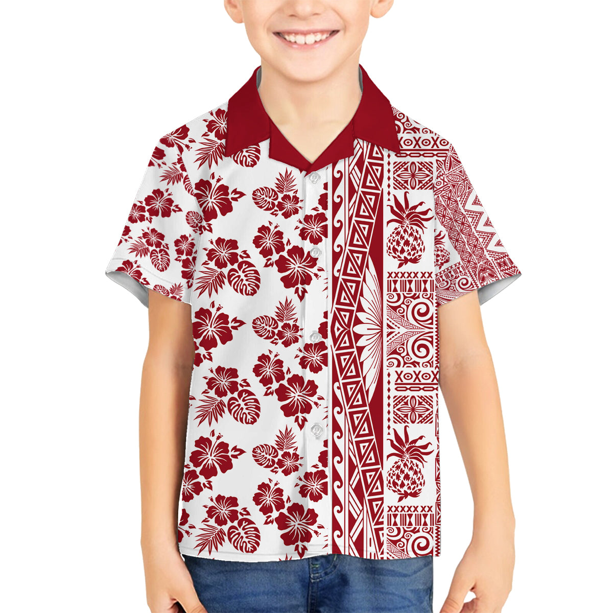 Hawaii Family Matching Summer Maxi Dress and Hawaiian Shirt Aloha Tropical Plants Tribal Pattern Red Version LT03 Son's Shirt Red - Polynesian Pride