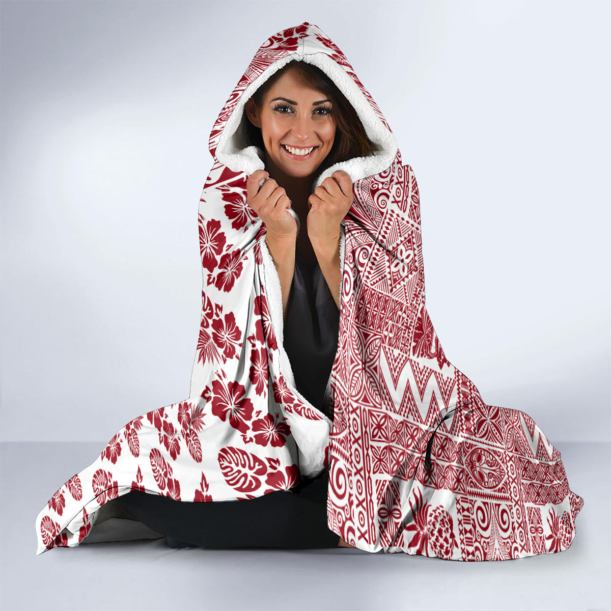 Hawaii Hooded Blanket Aloha Tropical Plants Tribal Pattern Red Version LT03 - Polynesian Pride