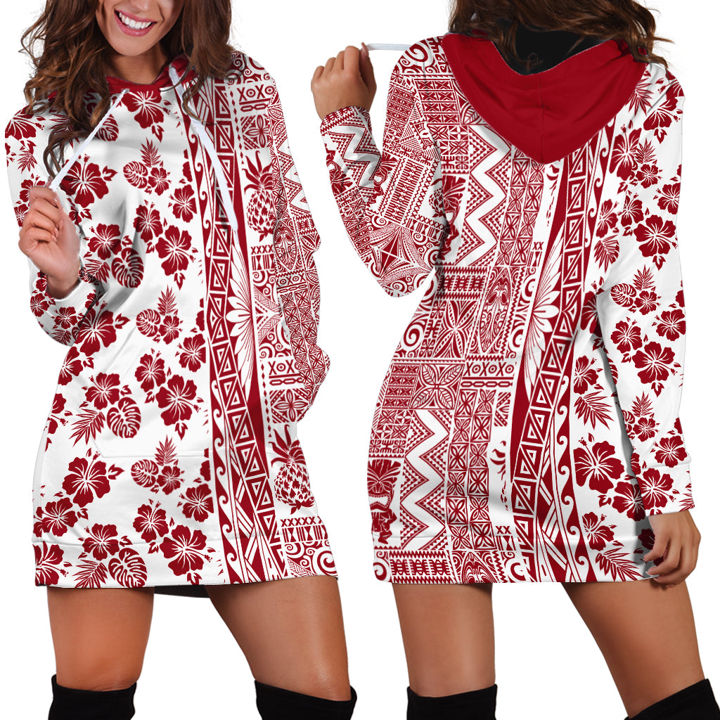 Hawaii Hoodie Dress Aloha Tropical Plants Tribal Pattern Red Version LT03 - Polynesian Pride